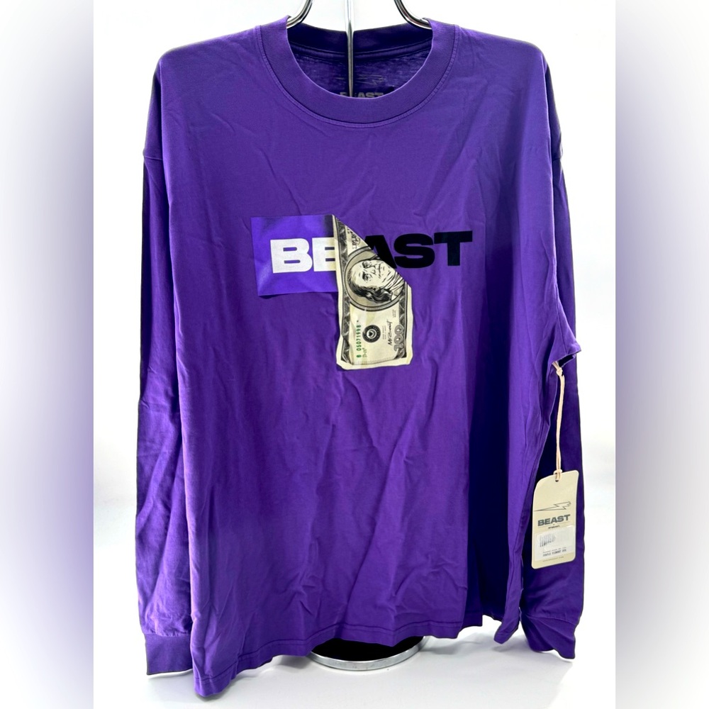 Mr Beast Merch Graphic Long Sleeve Shirt Dollar Bill Purple Size Large NEW Tee